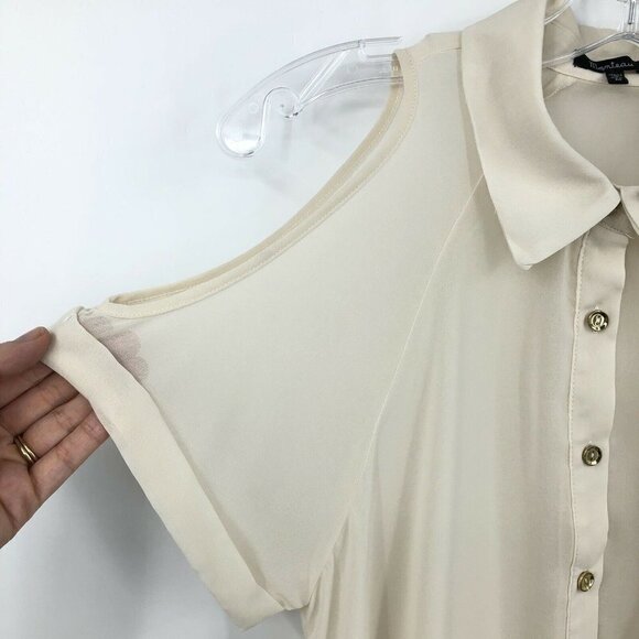 Monteau Top Cream Cold Shoulder High Low Sheer Chiffon Button Up Short Sleeve M - Picture 6 of 9